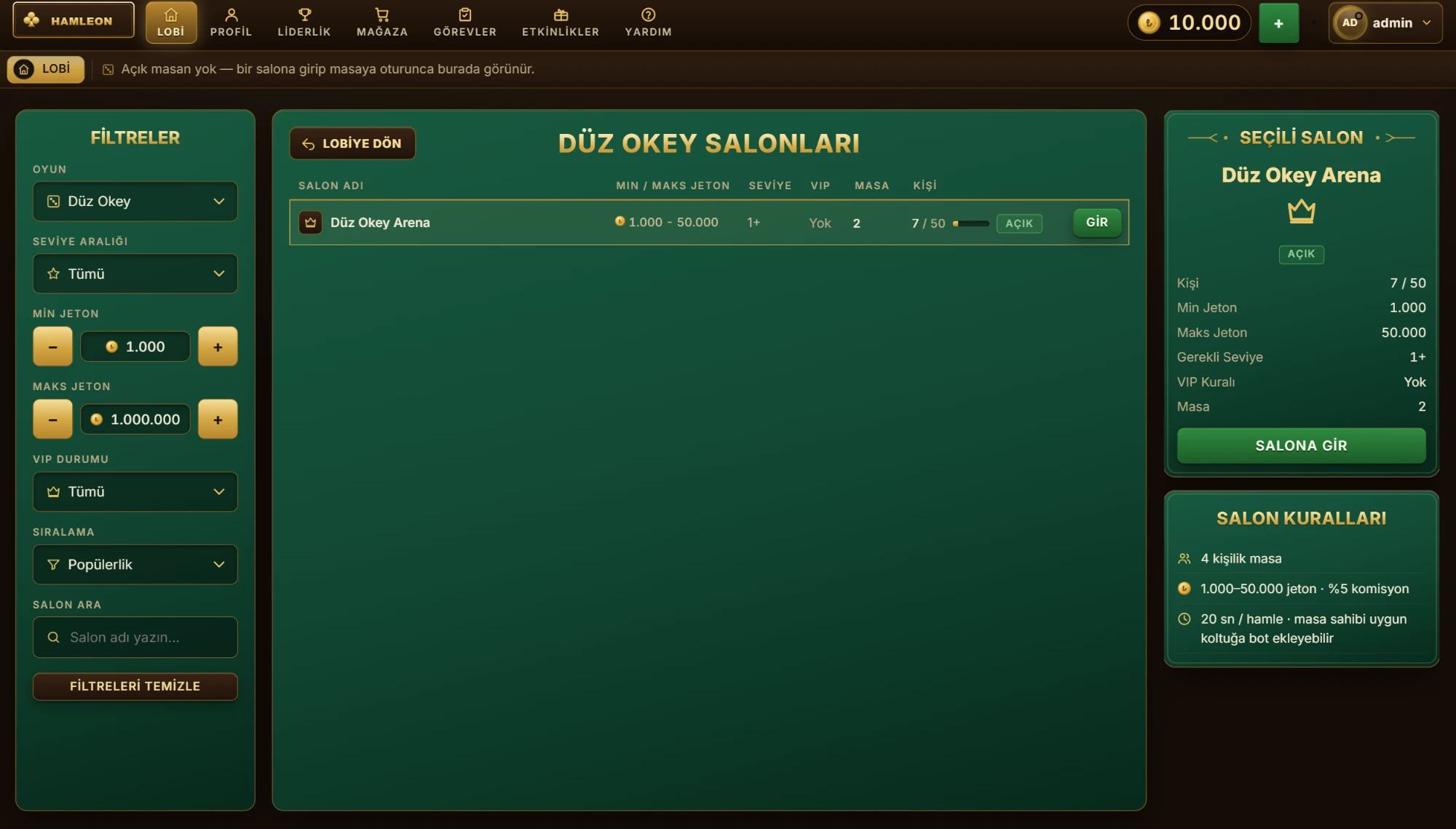Salon listesi ekranı